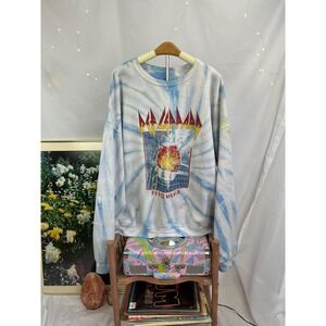Def Leppard Womens Oversized Sweatshirt Crewneck Blue Tie Dye Rocker Hippie Cozy